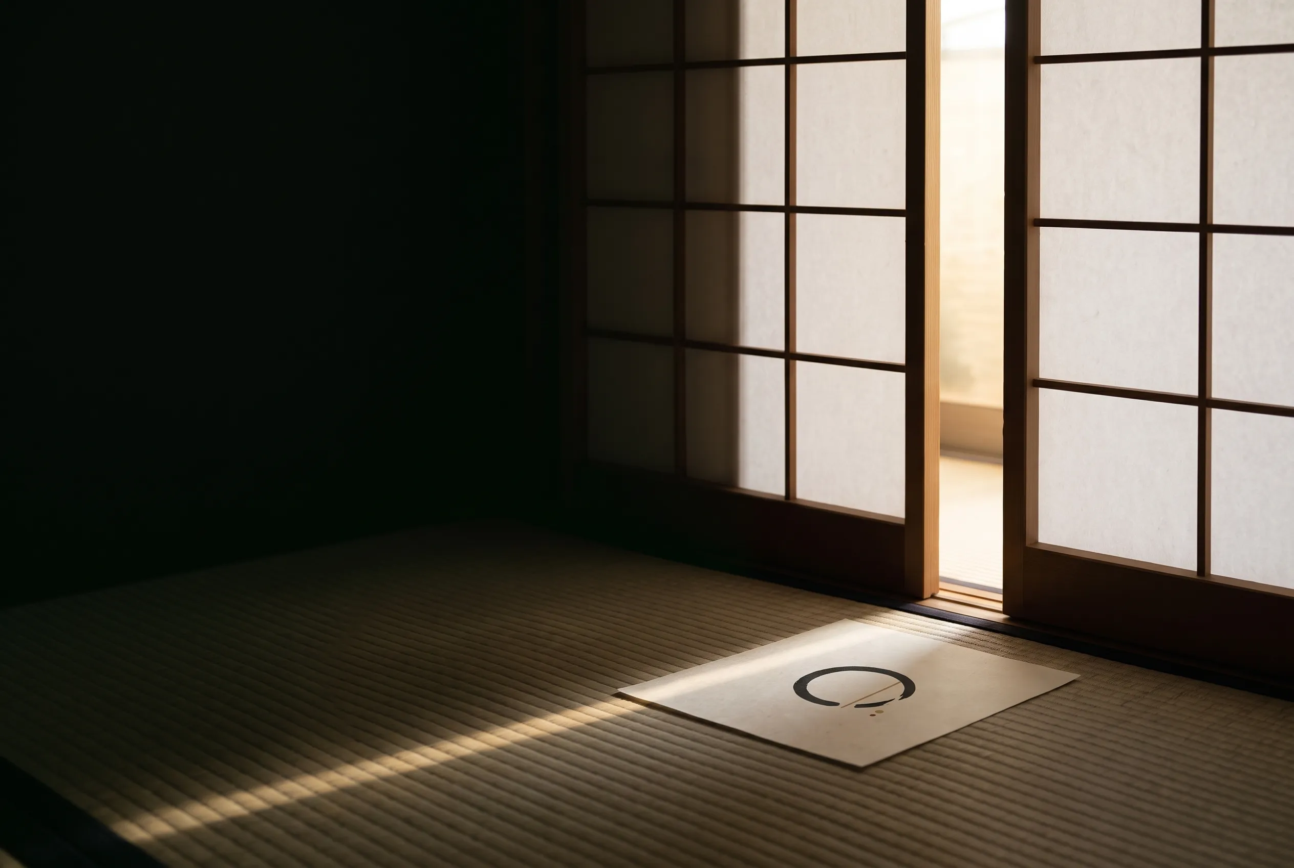 暗い和室から明るい部屋へ光が差し込む様子と一枚の紙札